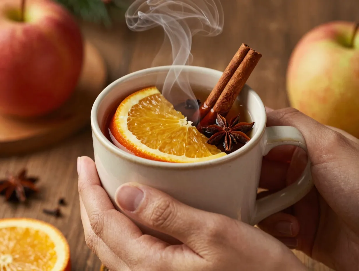 Warm mulled apple cider mug cinnamon garnish