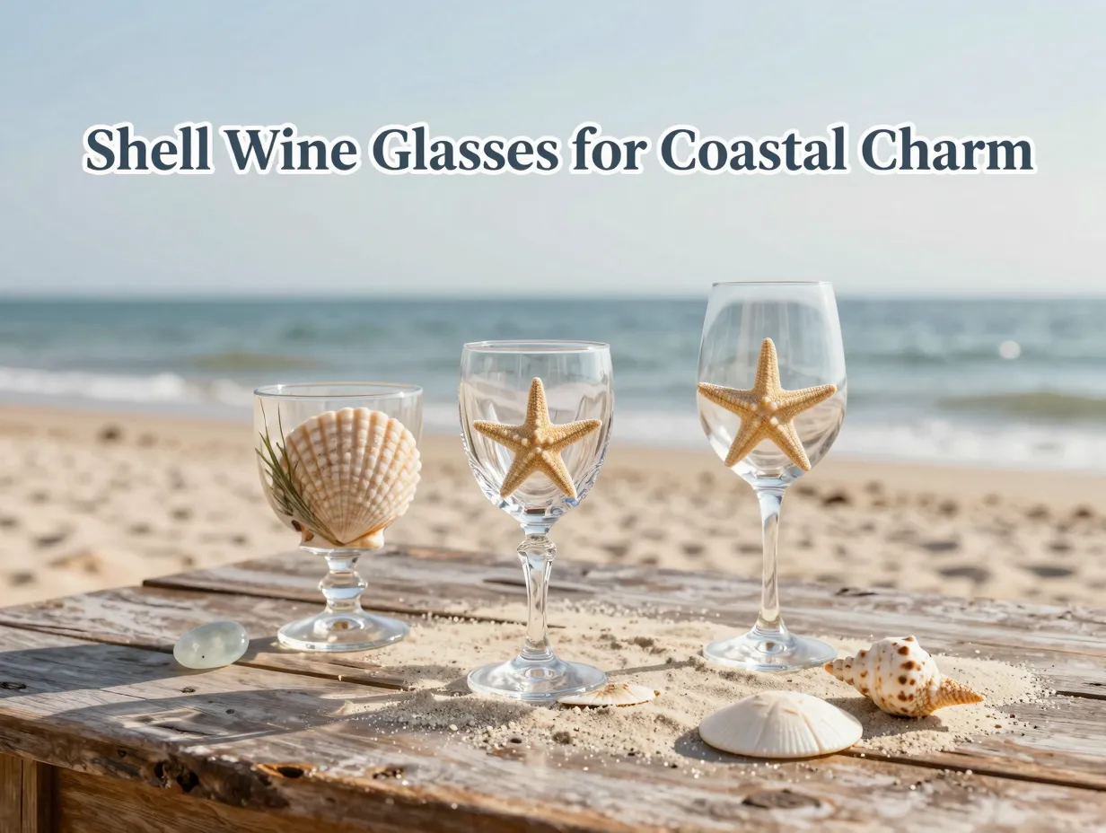 Curated shell wine glasses sand engraved starfish actual seashell flatlay