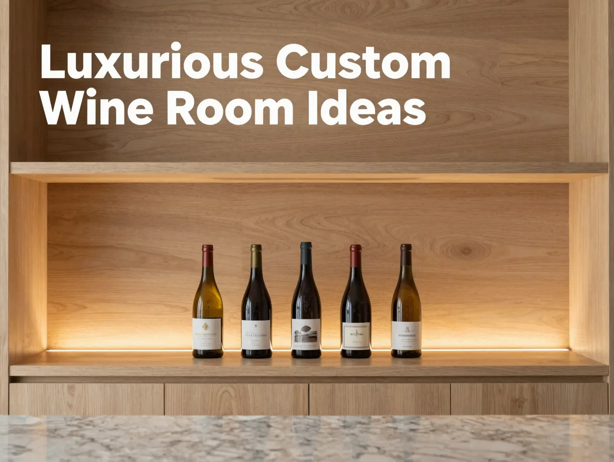 Modern wine room white oak rack led lit bottles marble counter