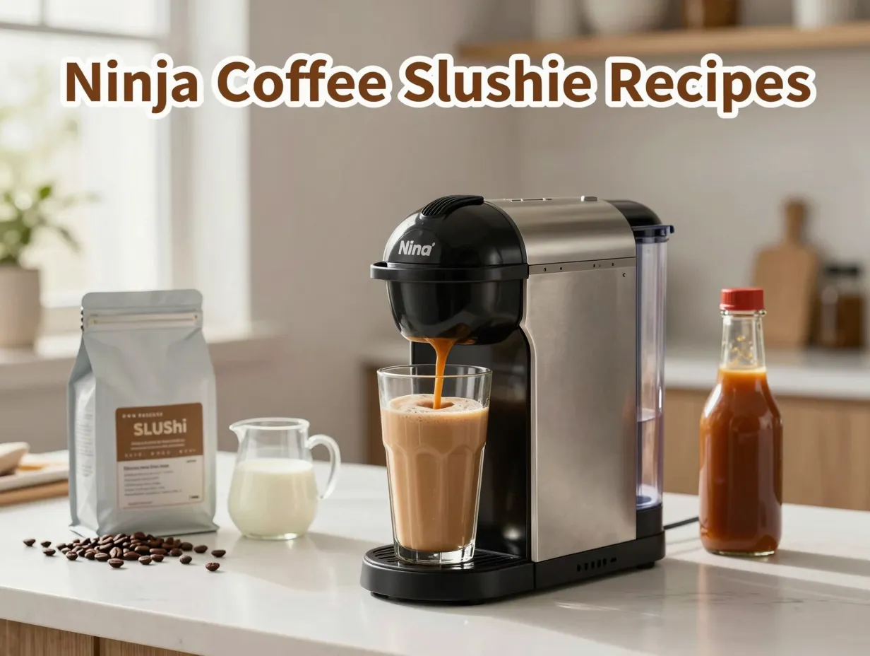 Ninja slushi pouring caramel coffee slushie glass kitchen ingredients