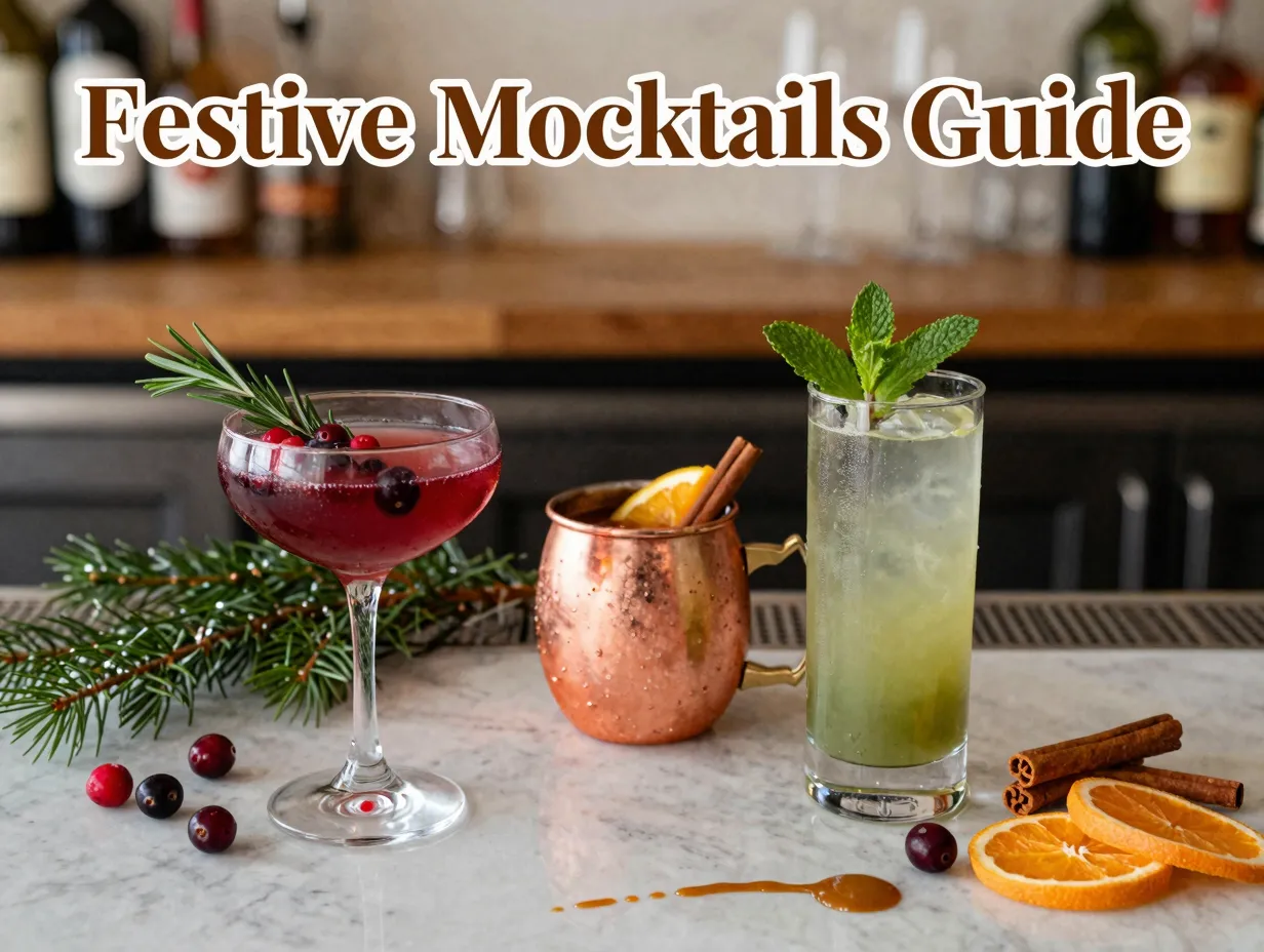 Overhead mocktail assembly cranberry clementine caramel holiday bar