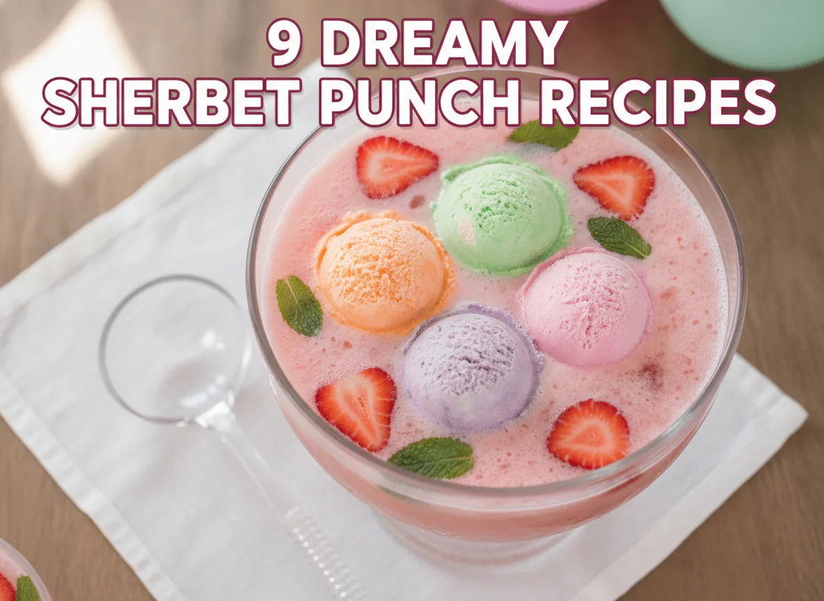 Rainbow sherbet punch scoops pink fizz strawberries overhead bowl