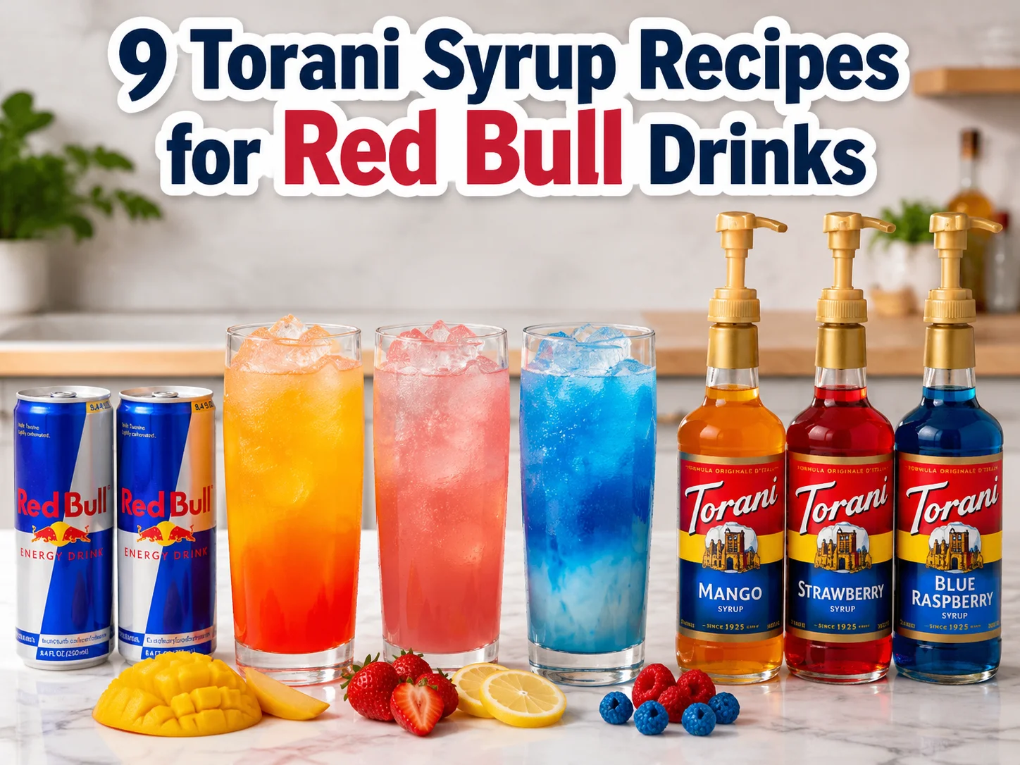 Three colorful red bull torani drinks cans syrup bottles ice