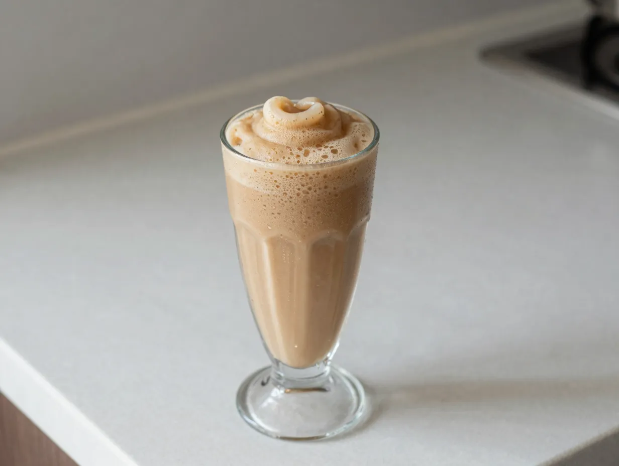 Classic coffee slushie in tall glass on kitchen counter