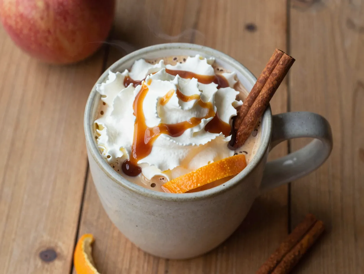 Classic hot spiced caramel apple cider mug with whipped cream