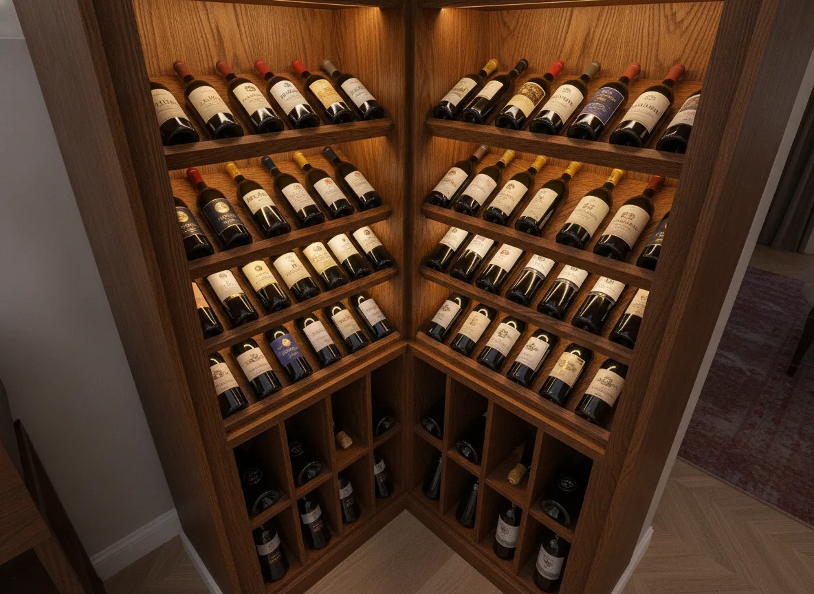 Compact bespoke wardrobe wine cellar with angled champagne and magnum shelving