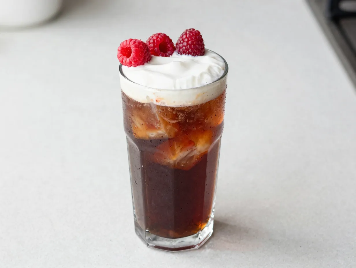 Frosted raspberry dr pepper garnished glass on kitchen countertop