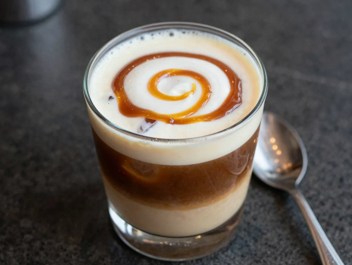 Salted caramel layered coffee cream mocktail in rocks glass