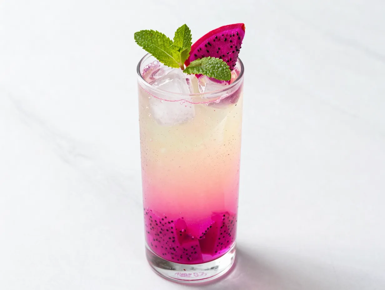Tall blushing dragonfruit lemonade with mint garnish and sparkle