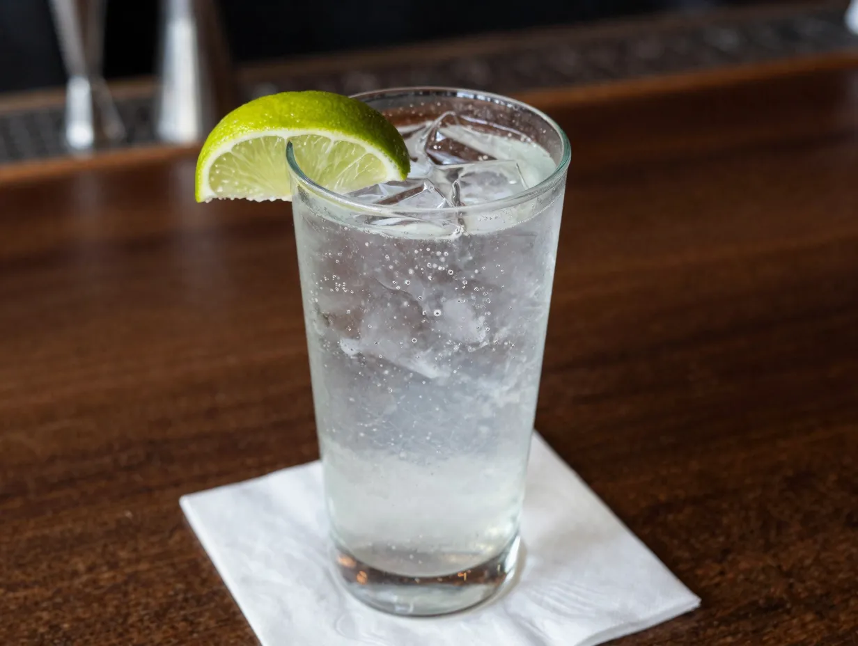 Vodka soda lime wedge on ice