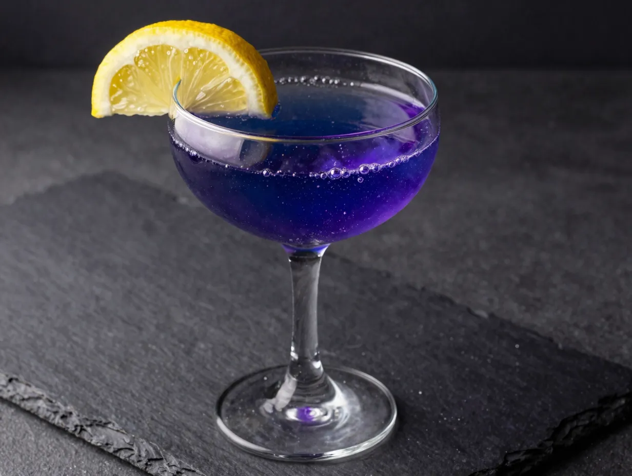 Color changing midnight galaxy spritz in a clear coupe glass