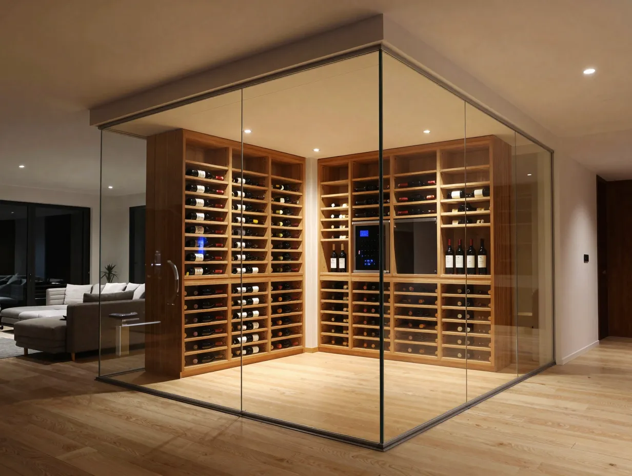 Frameless glass enclosed wine room as a living area focal point