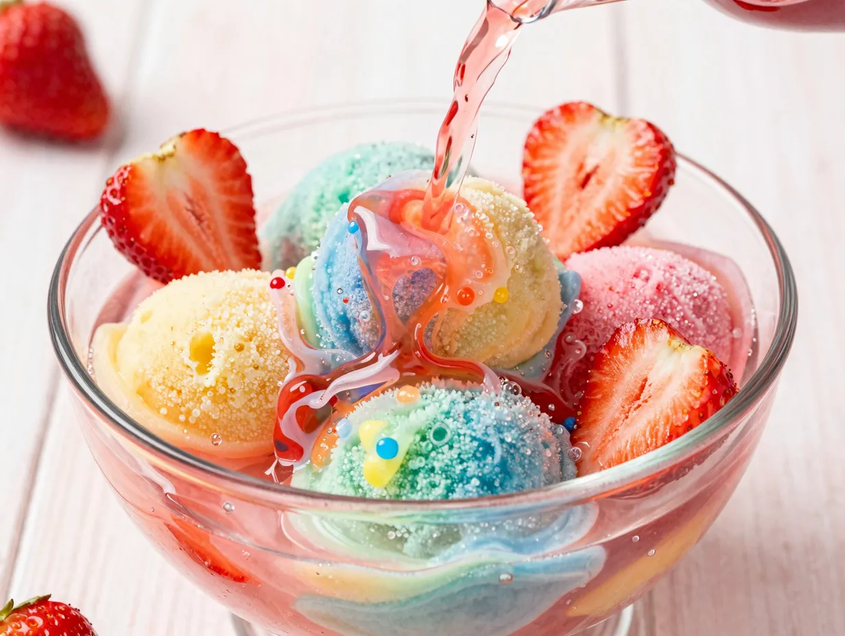 Three ingredient rainbow sherbet punch in a festive bowl