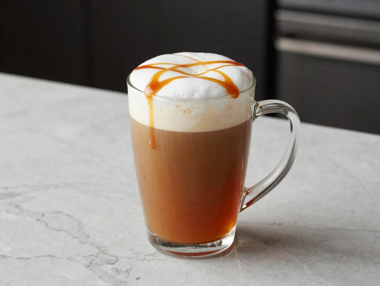 Caramel apple cider latte in a clear glass mug