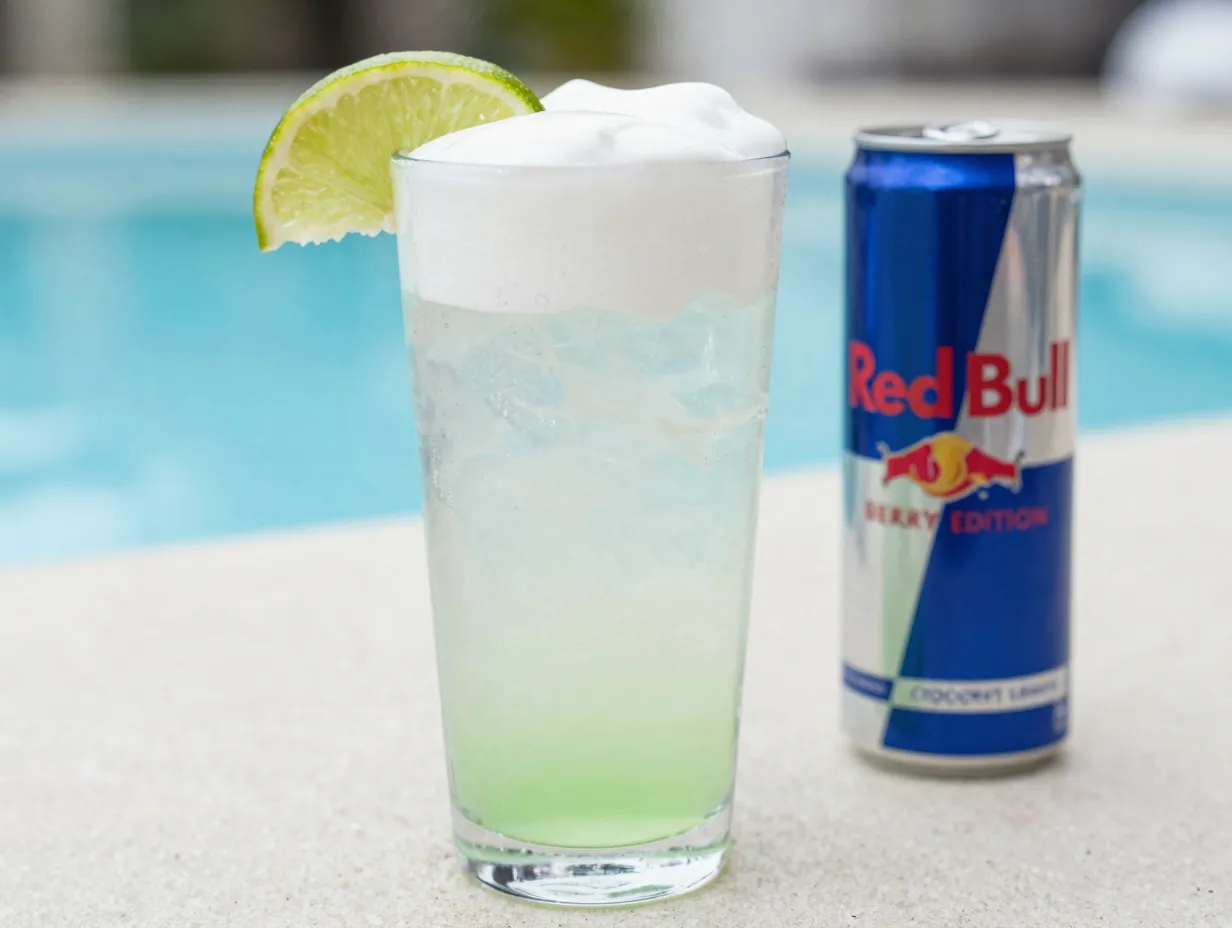 Coconut lime red bull refresher with coconut cream float