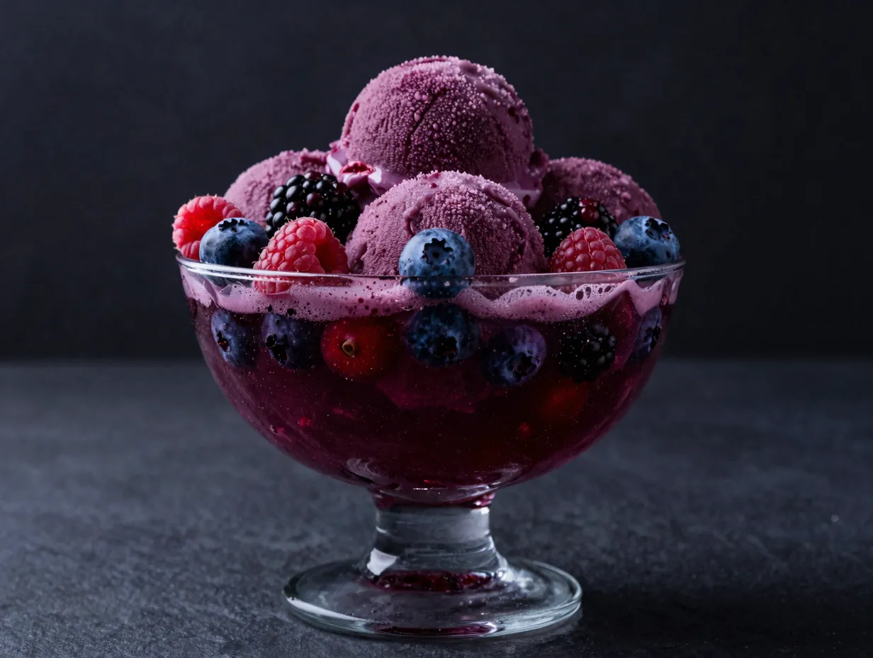 Deep purple berry blast sherbet punch with frozen fruit