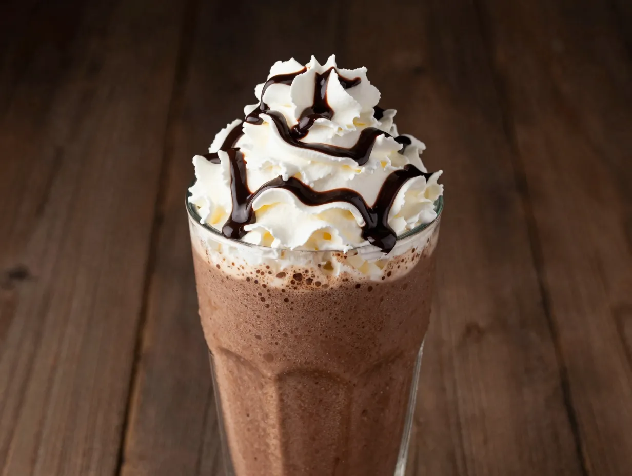 Mocha frappe slushie topped with whipped chocolate drizzle