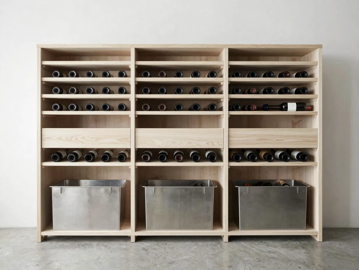 Modern minimalist wine room with white oak horizontal label forward rows