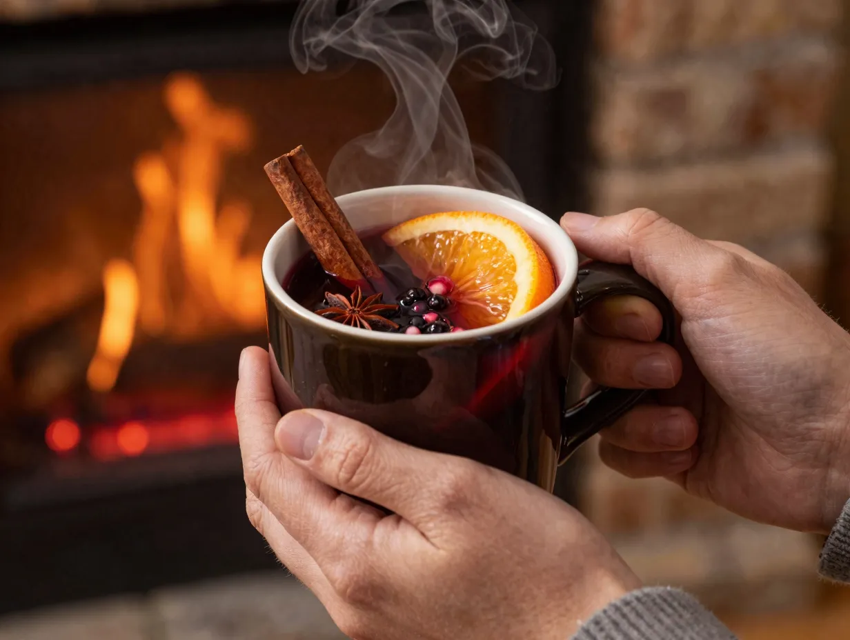Steaming non alcoholic mulled wine with spices in mug