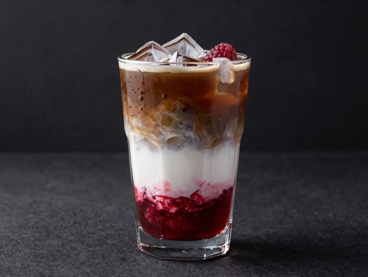 Sweet red raspberry syrup dr pepper cream layer drink