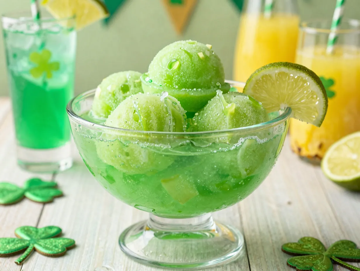 Bright lime green party punch in a sparkling glass bowl