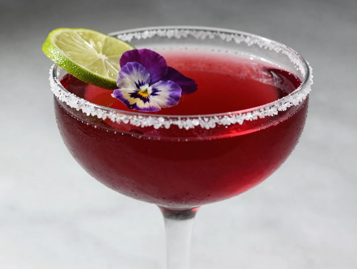 Deep crimson hibiscus mocktail with edible flower garnish