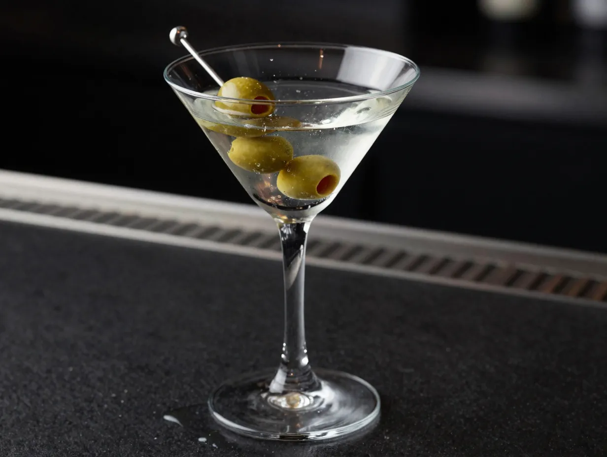 Dirty martini with olive brine garnish