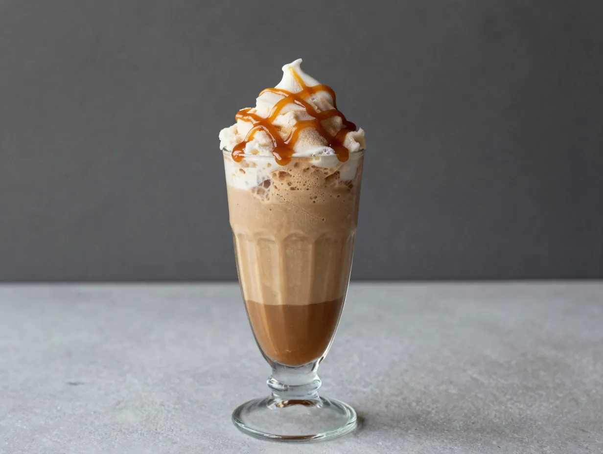Frozen caramel macchiato slushie with caramel drizzle