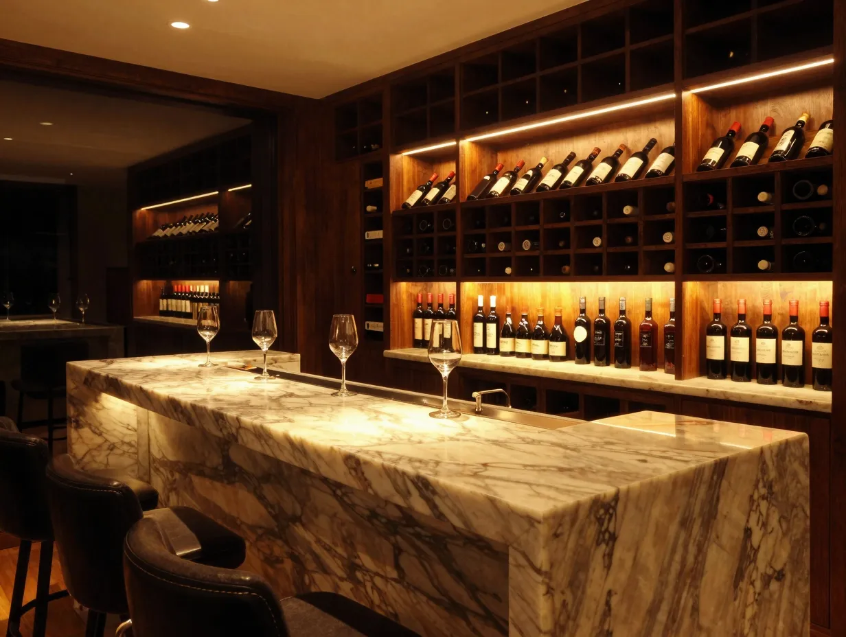 Integrated marble tasting counter within a warm led lit wine room