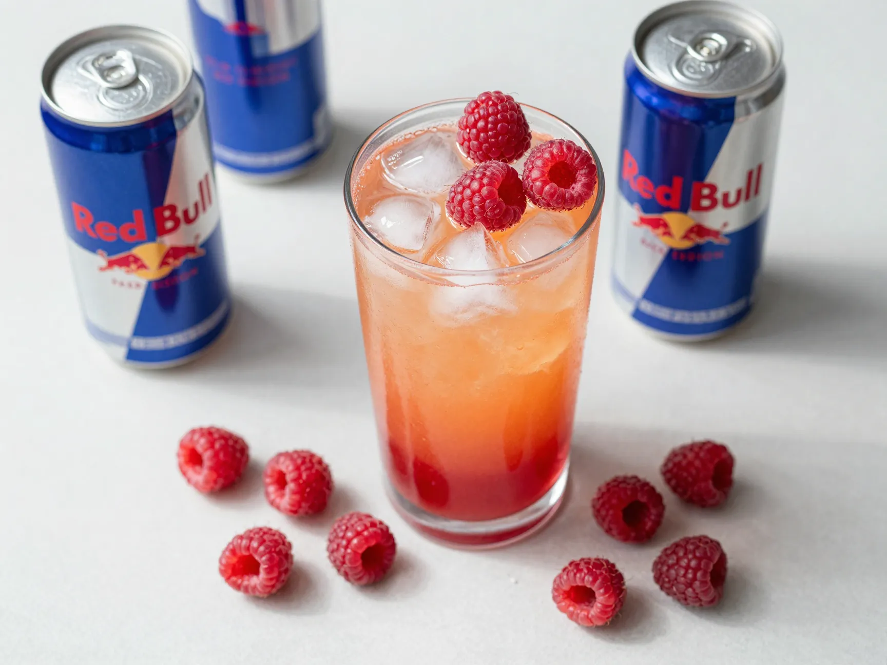 Peach raspberry red bull fizz with fresh raspberry garnish