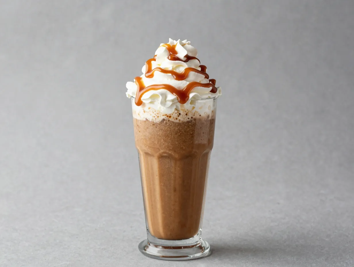 Caramel frappe slushie with whipped cream caramel topping