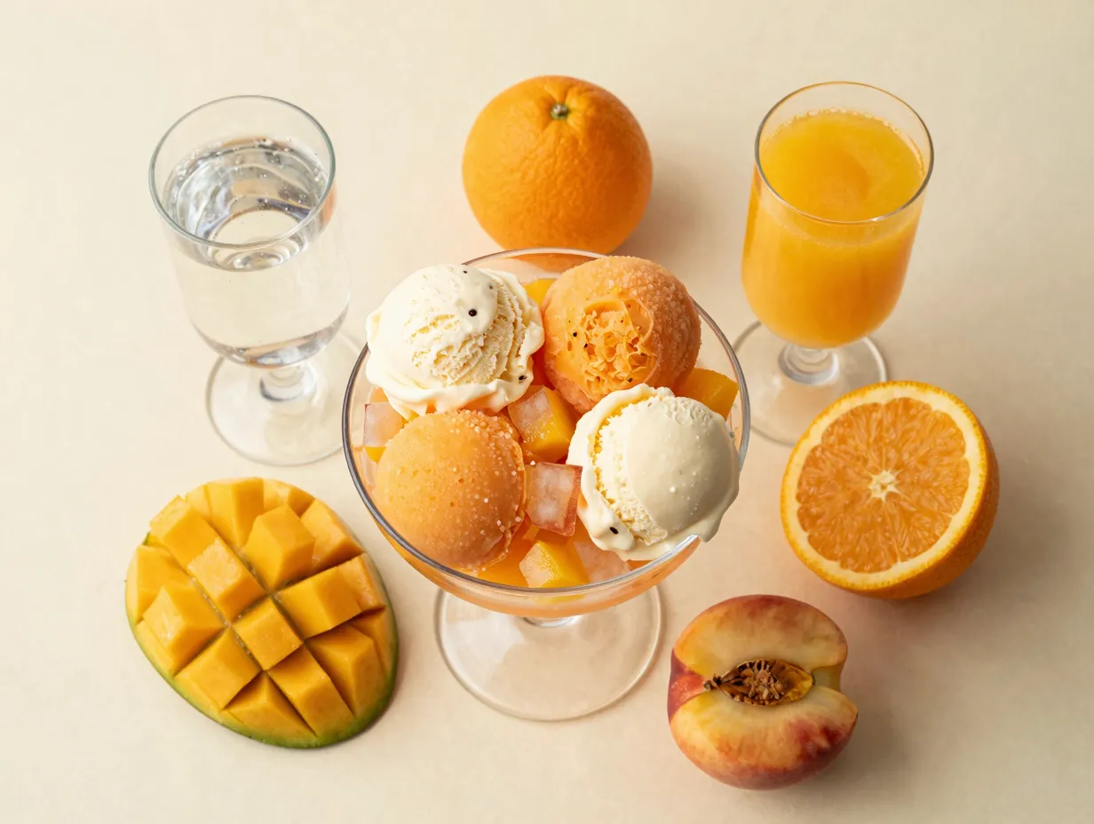 Elevated orange sherbet punch with frozen fruit chunks