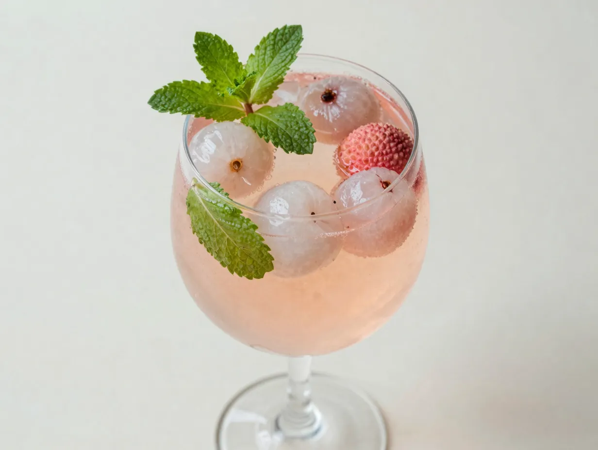 Pale pink lychee and watermelon mocktail with floating fruit