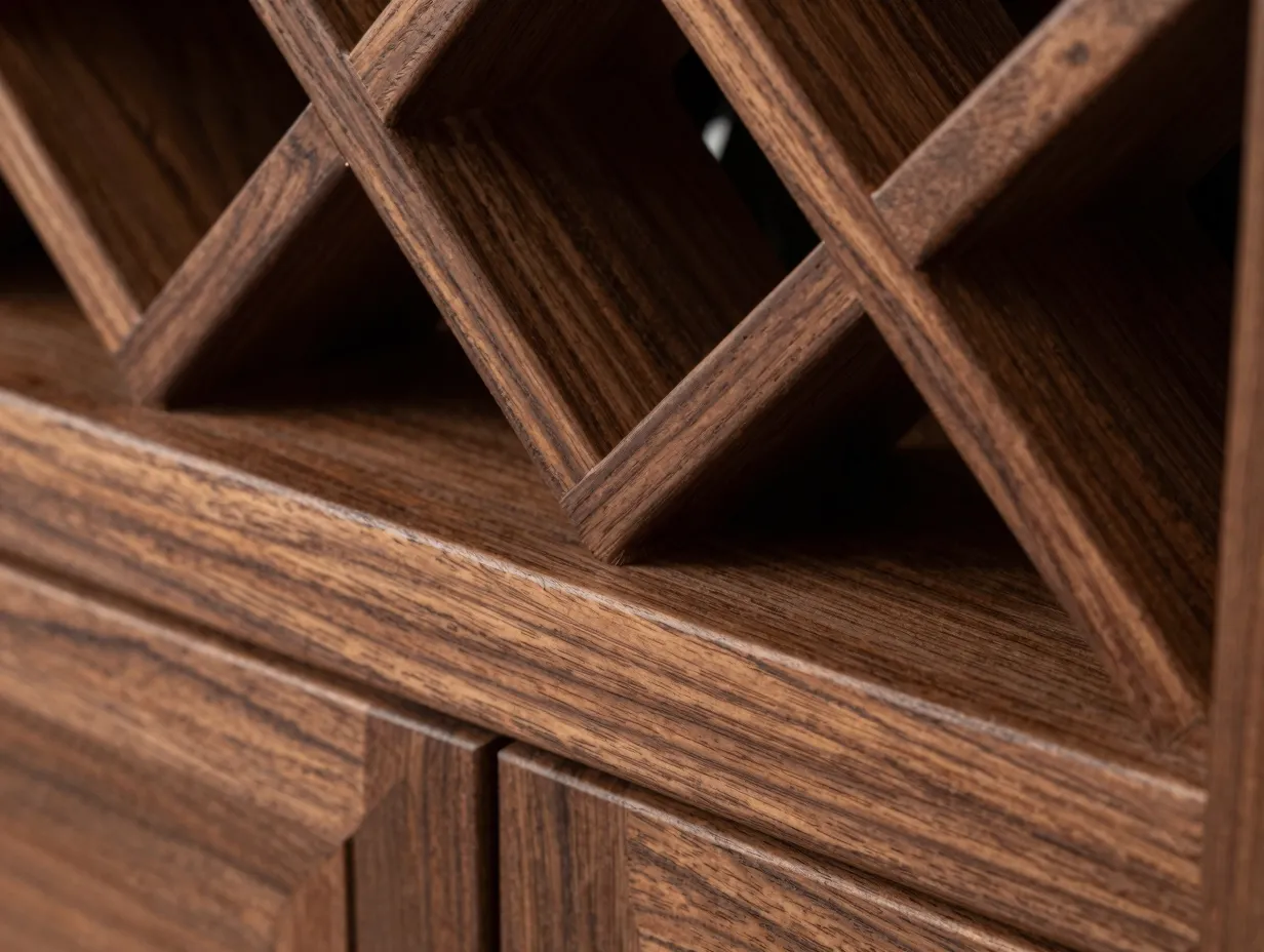 Premium dark walnut hardwood wine racking close up grain detail