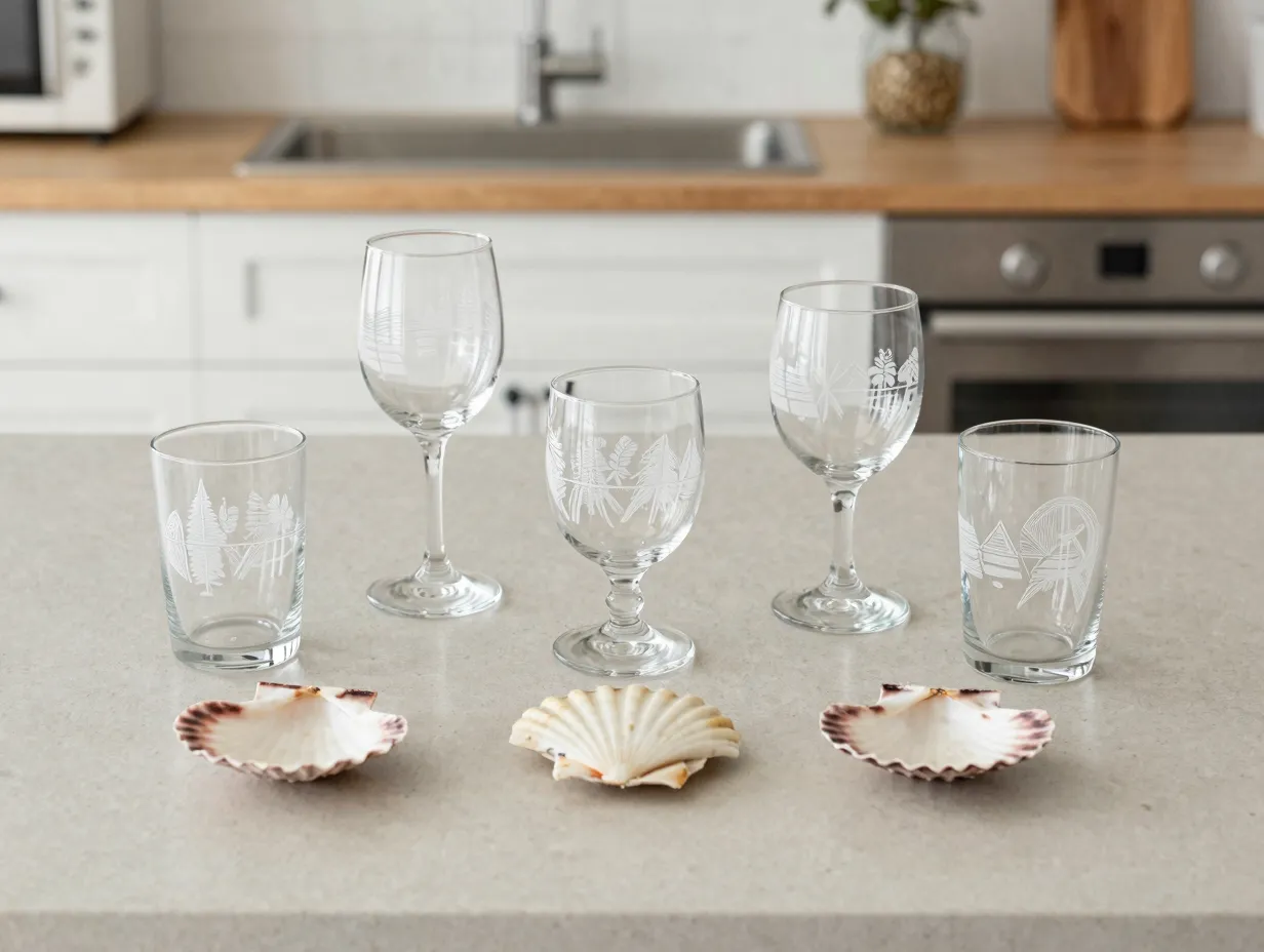 Scallop shell engraved glassware collection coastal bar set