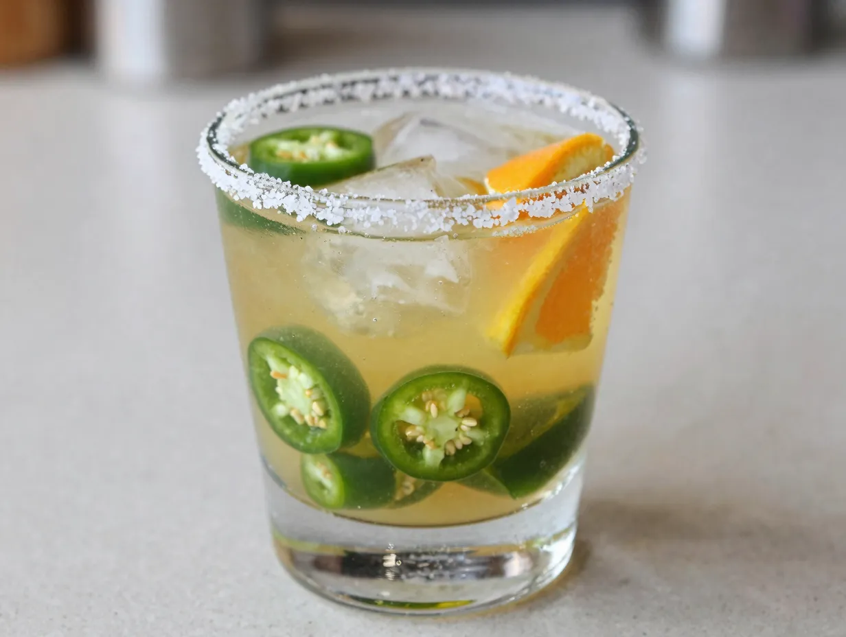 Spicy jalapeno electrolyte mocktail with salted rim