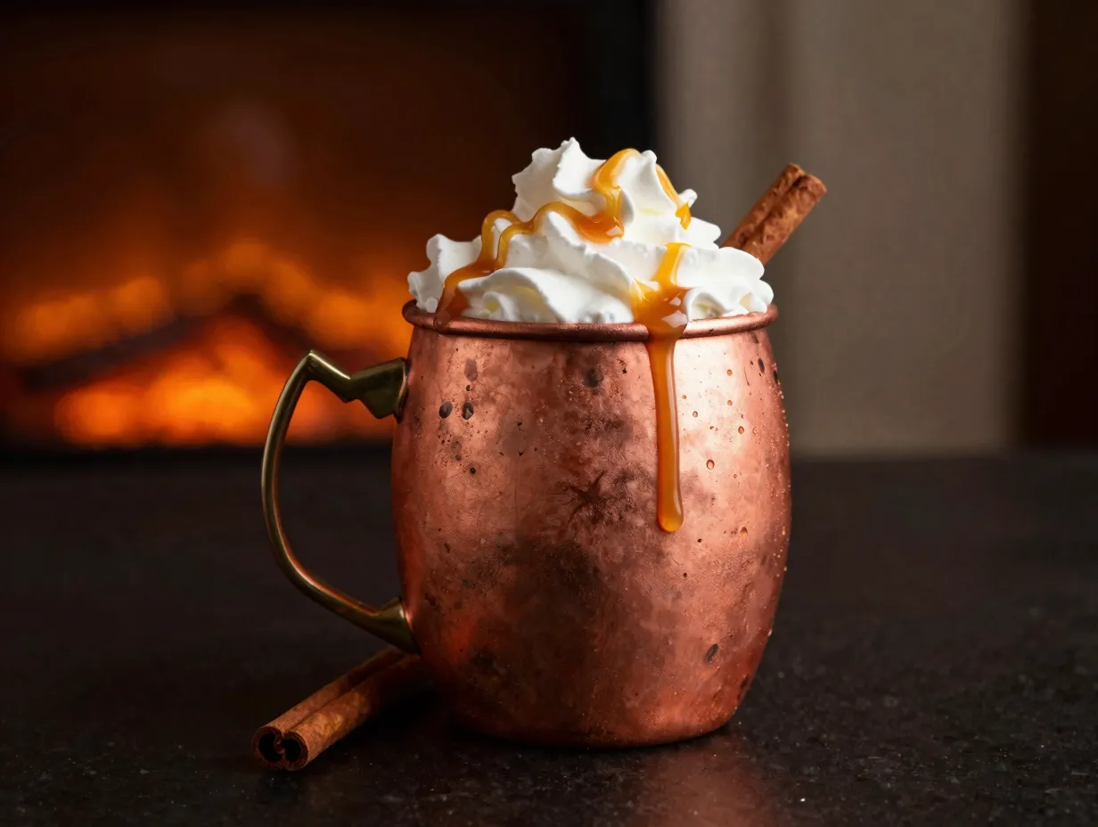 Spiked bourbon caramel apple cider in a copper mug