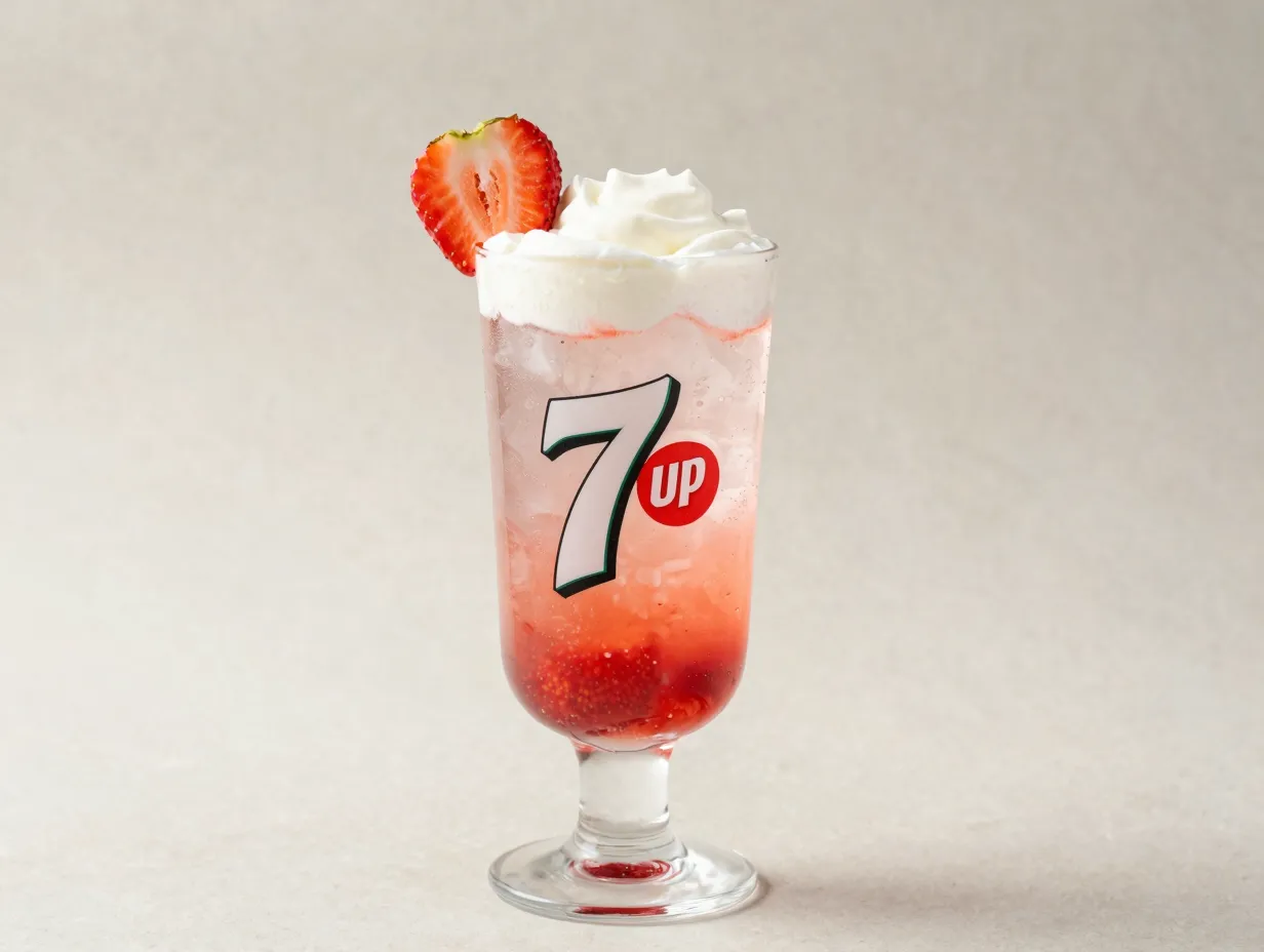 Strawberry cake batter seven up cream garnish glass