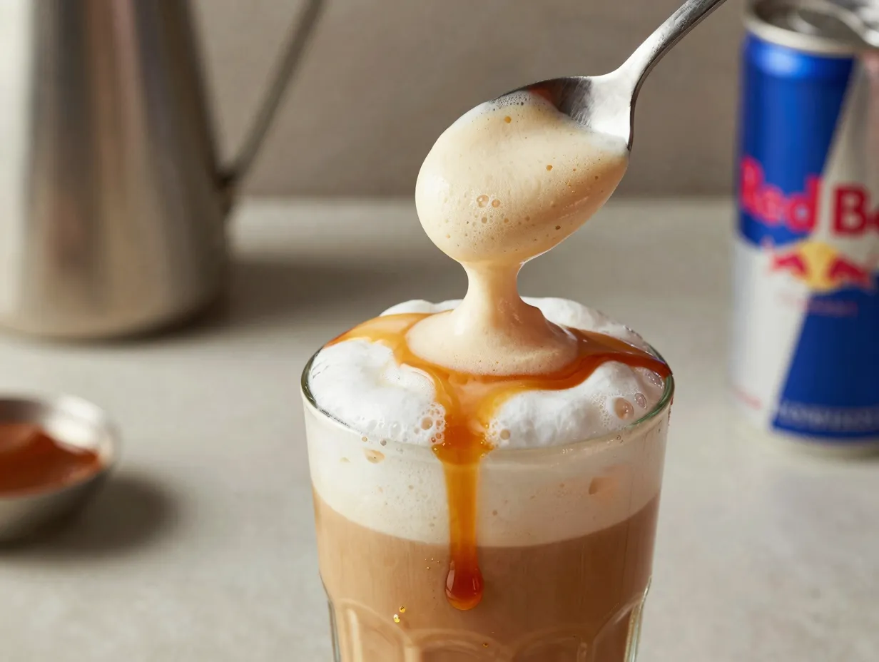 Vanilla red bull with luxurious caramel cold foam topping