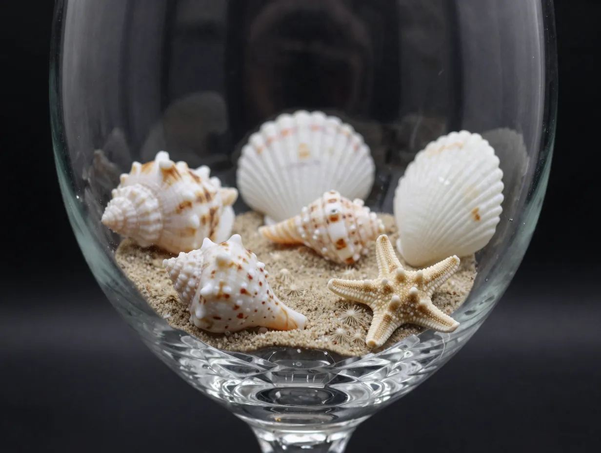 Deep carved seashell beach scene crystal wine glass collector display