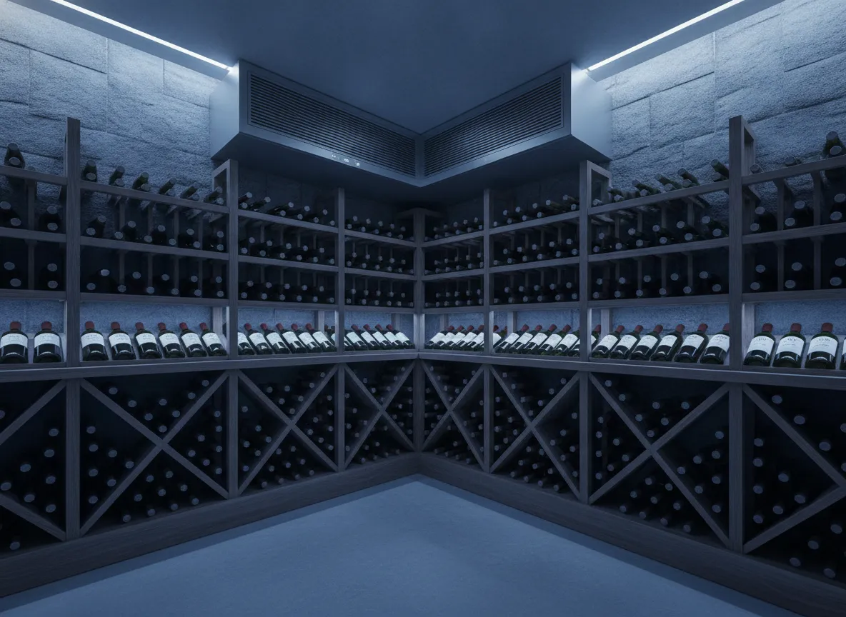 Discreet ducted climate control unit in a quiet wine cellar corner