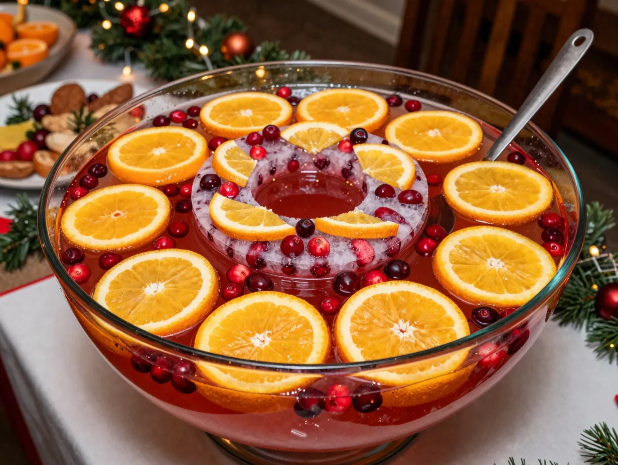 Large festive christmas punch bowl with frozen fruit ring