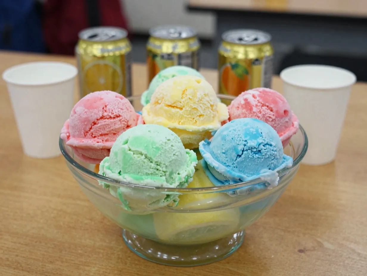Simple rainbow sherbet punch with fruit punch soda