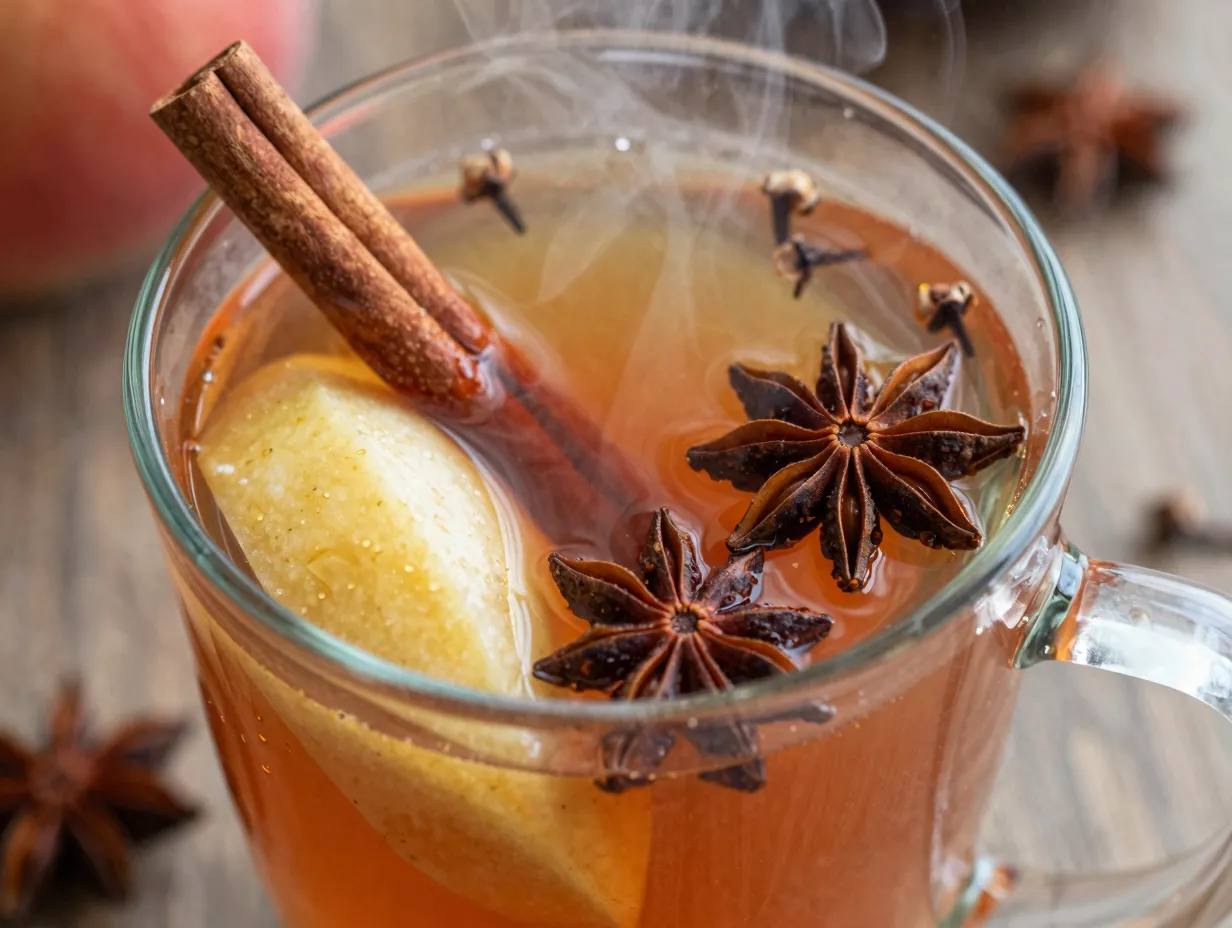 Spiked rum caramel apple cider with whole spices