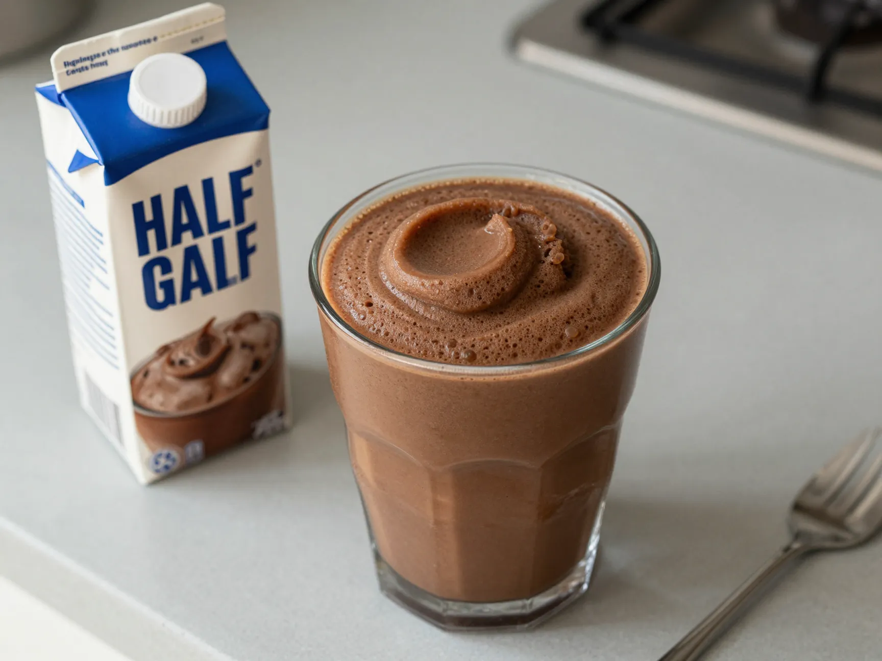 Thick mocha frappe slushie with cold ingredients on counter