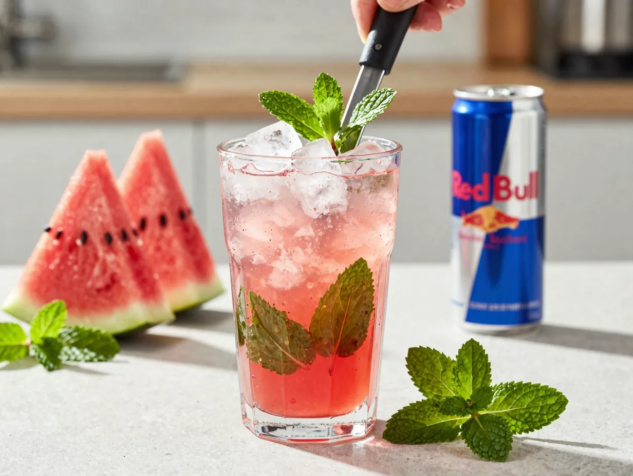 Watermelon mint red bull cooler with muddled fresh mint