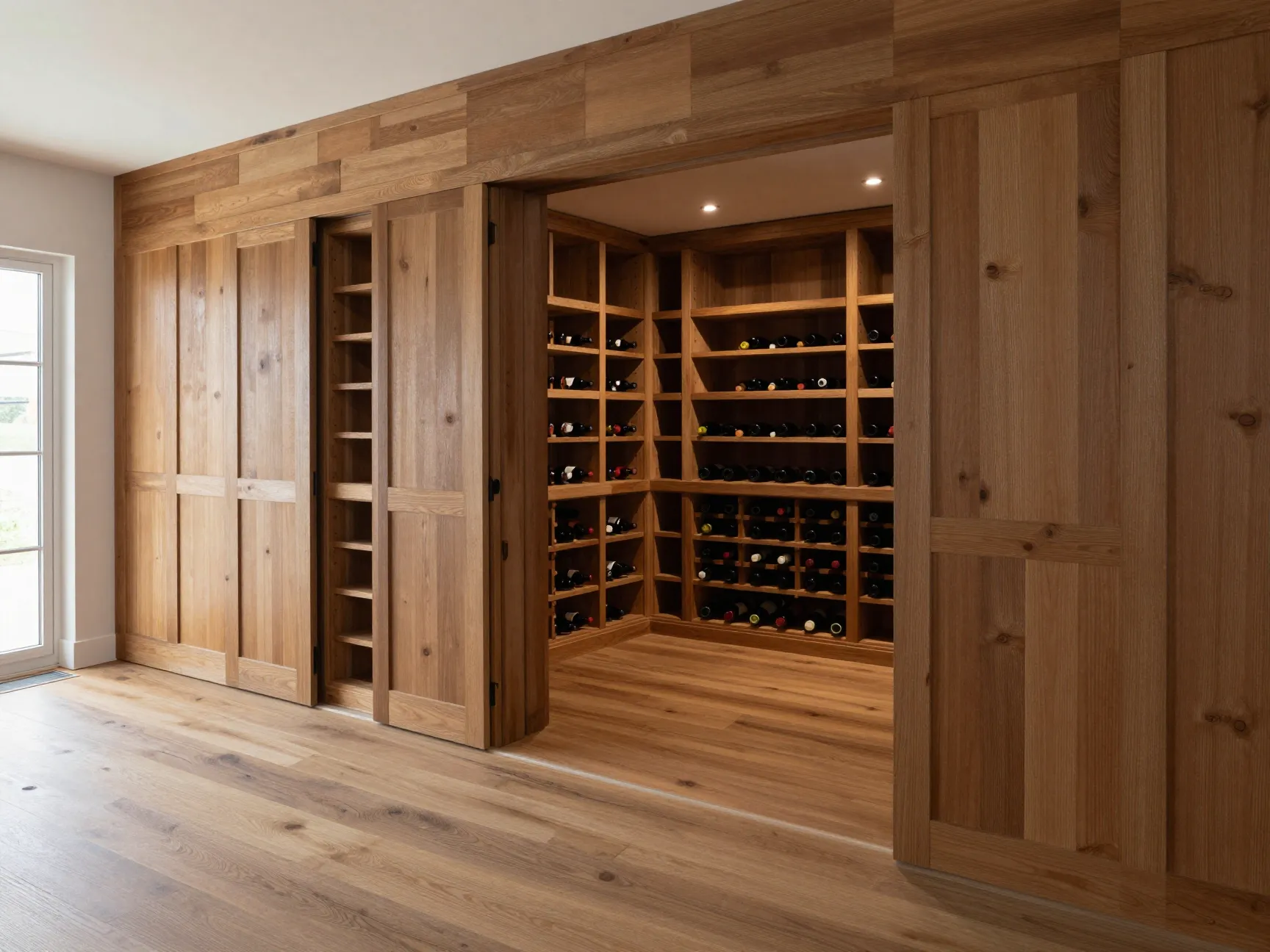 Architecturally integrated wine room with matching flooring and paneling