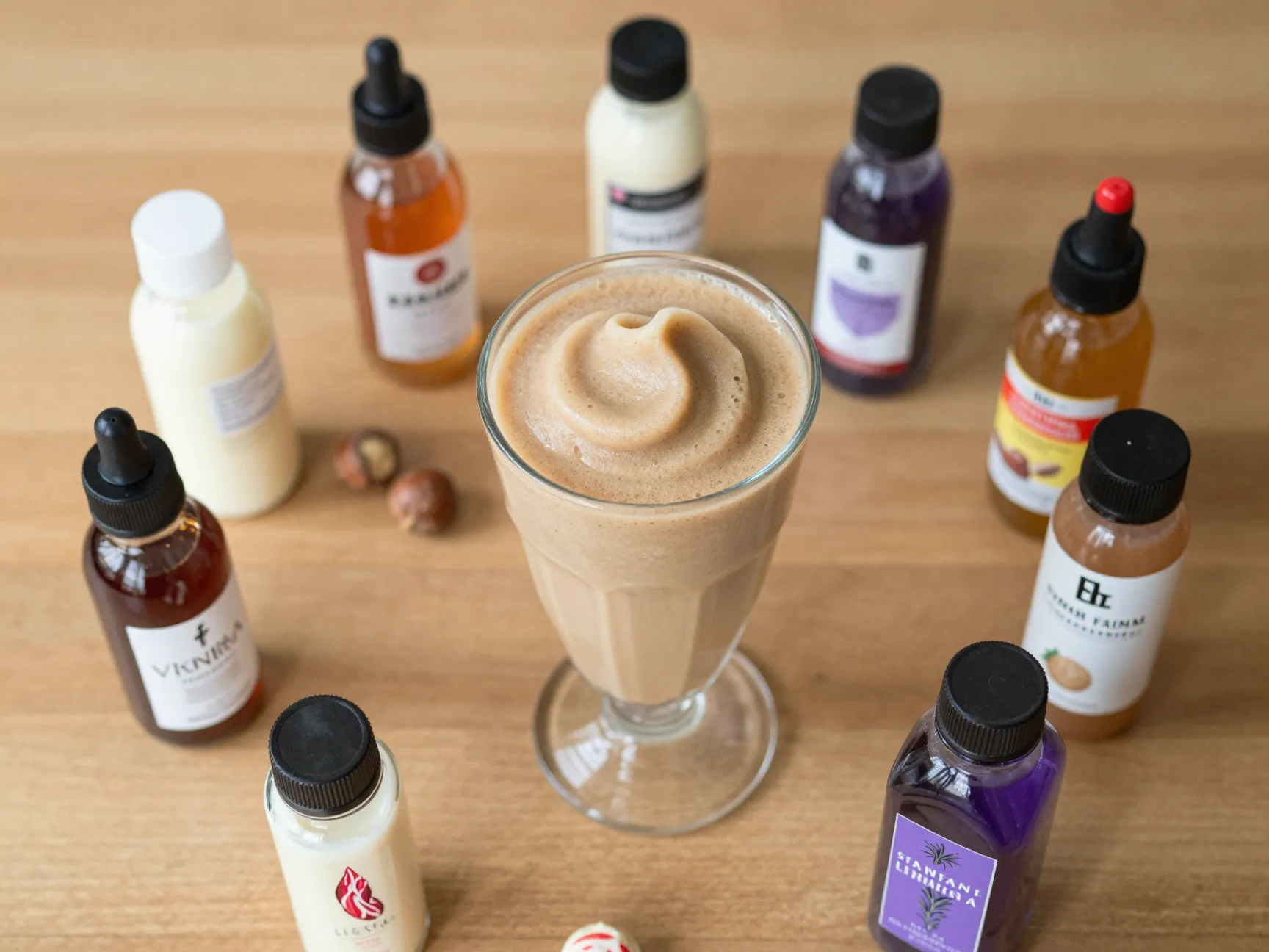 Customizable coffee slushie base with syrups on table