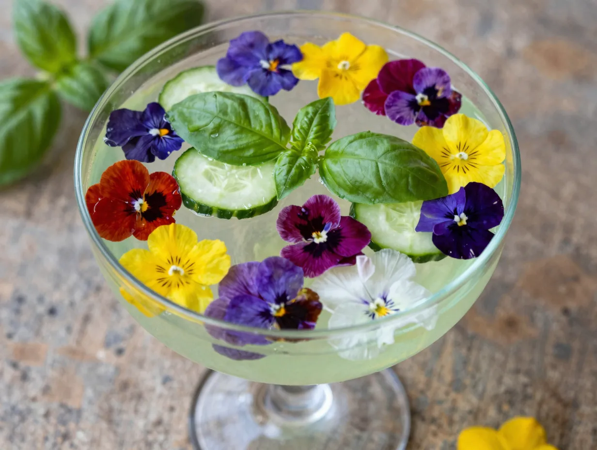 Floral garden mocktail with basil and edible flowers