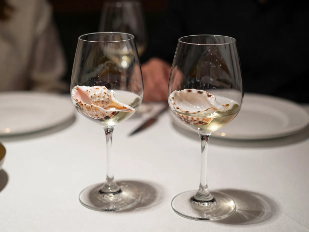 Hybrid seashell and glass stem dessert wine cordial glass intimate setting